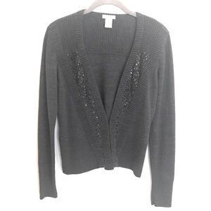 Cache Sequined Wool Blend Cardigan, Charcoal, M